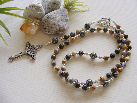 Handmade Rosary - Fossil Crinoid, Picture Jasper and Bronzite-Rosary Beads-Serenity Gifts