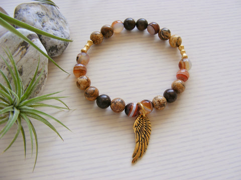 Gemstone Stretch Bracelet - Orange Sacral Chakra Angel Wing-Jewellery-Serenity Gifts