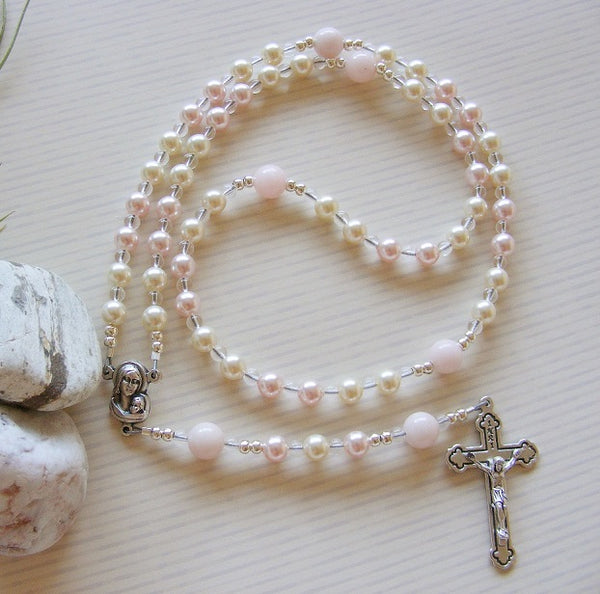 First Communion Handmade Rosary - Swarovski Pink Pearl-Jewellery-Serenity Gifts