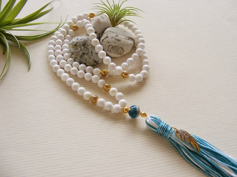 Handmade Mala Beads - White Jade Angel Wing Charm-Mala Beads-Serenity Gifts